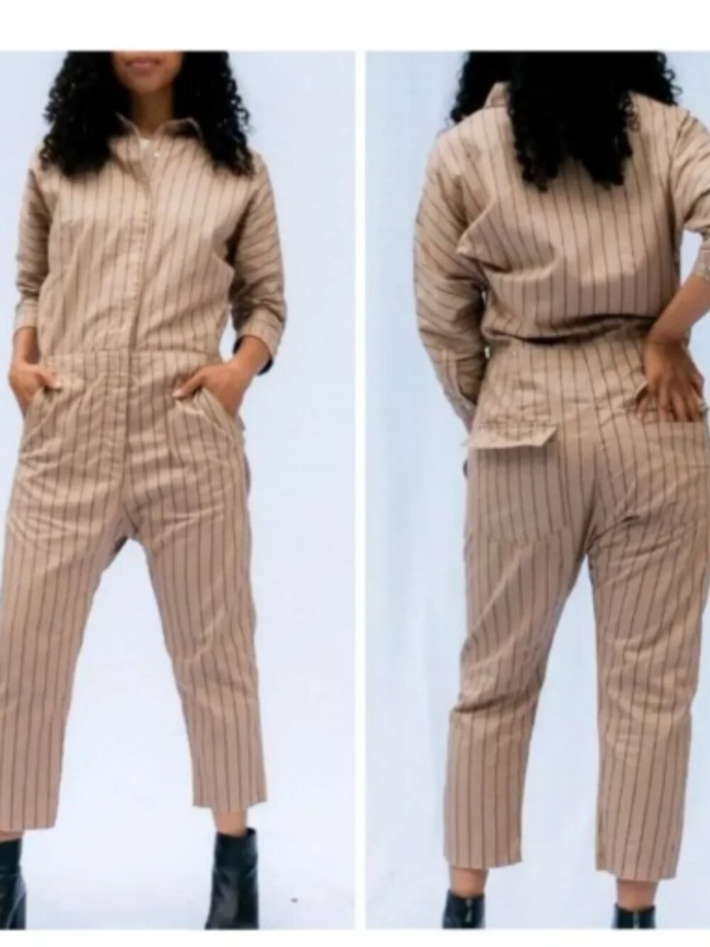 Like New! ACACIA 100% Cotton Utility Jumpsuit Vertical Striped Raw Hem Beige P